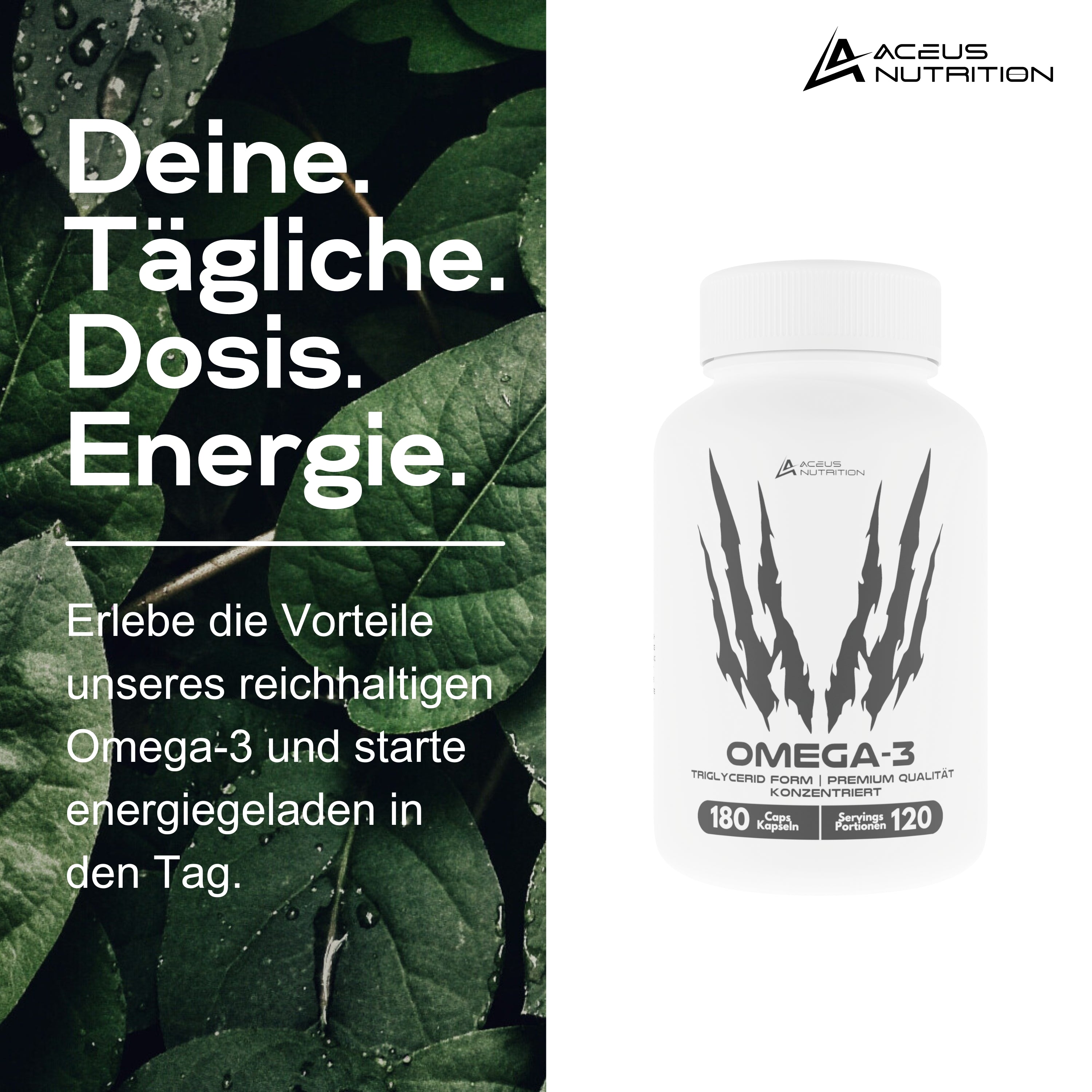 Seitenansicht der Omega-3 Kapseln Flasche